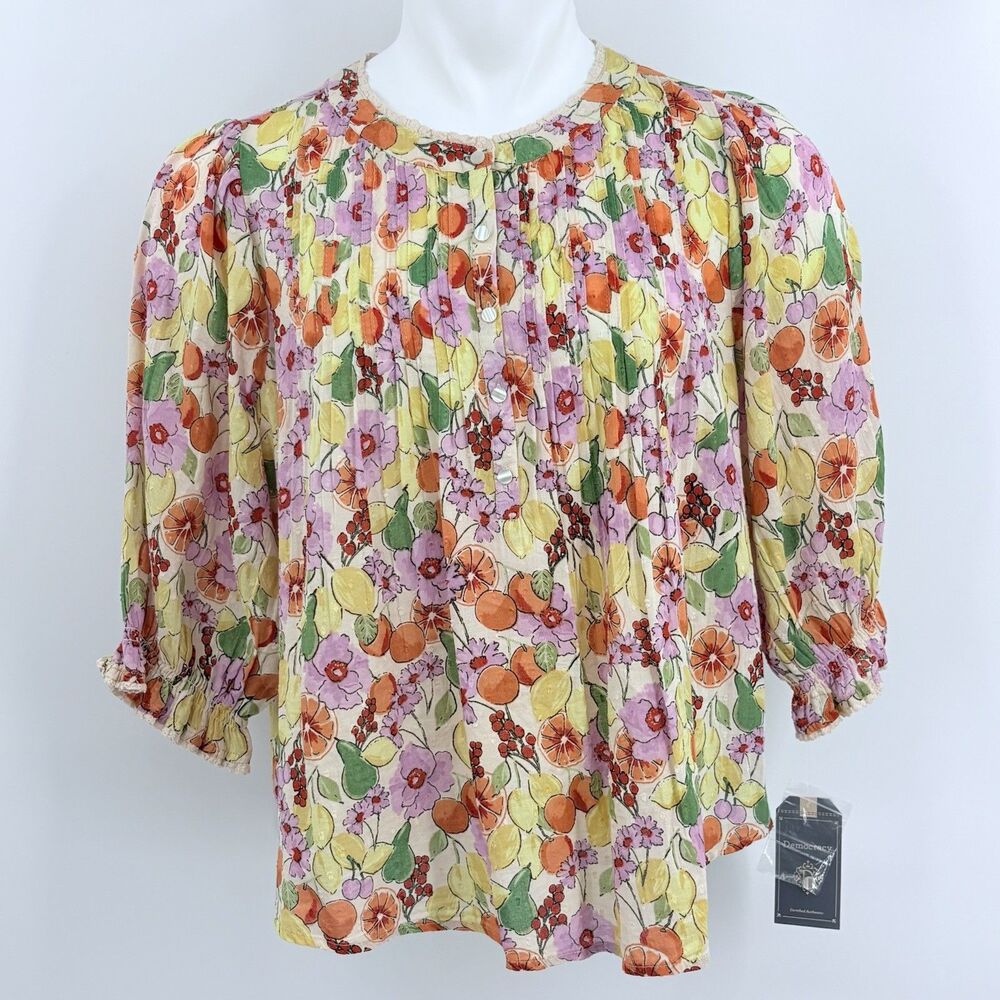 Democracy Floral Fruit Print Blouse Top Womens 1X Cottage Peasant Farmcore Boho